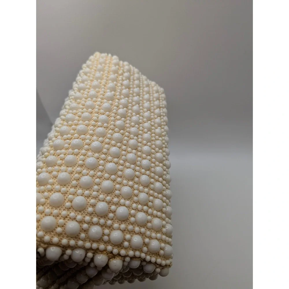 Vintage Handmade Beaded Handbag White Pearl Lucite Handle Kiss Lock Hong Kong